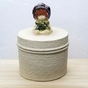 Vintage Unique Stoneware Round Textured Trinket With Girl Figurine on the Lid